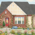 firefly gemini flash create a stykized spring postcard with climbing roses in the style of thomas kincade 440796