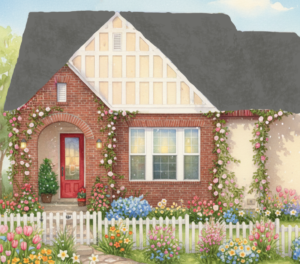 firefly gemini flash create a stykized spring postcard with climbing roses in the style of thomas kincade 440796