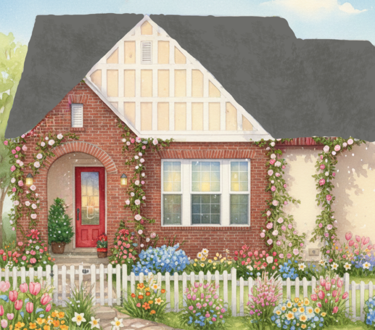 firefly gemini flash create a stykized spring postcard with climbing roses in the style of thomas kincade 440796