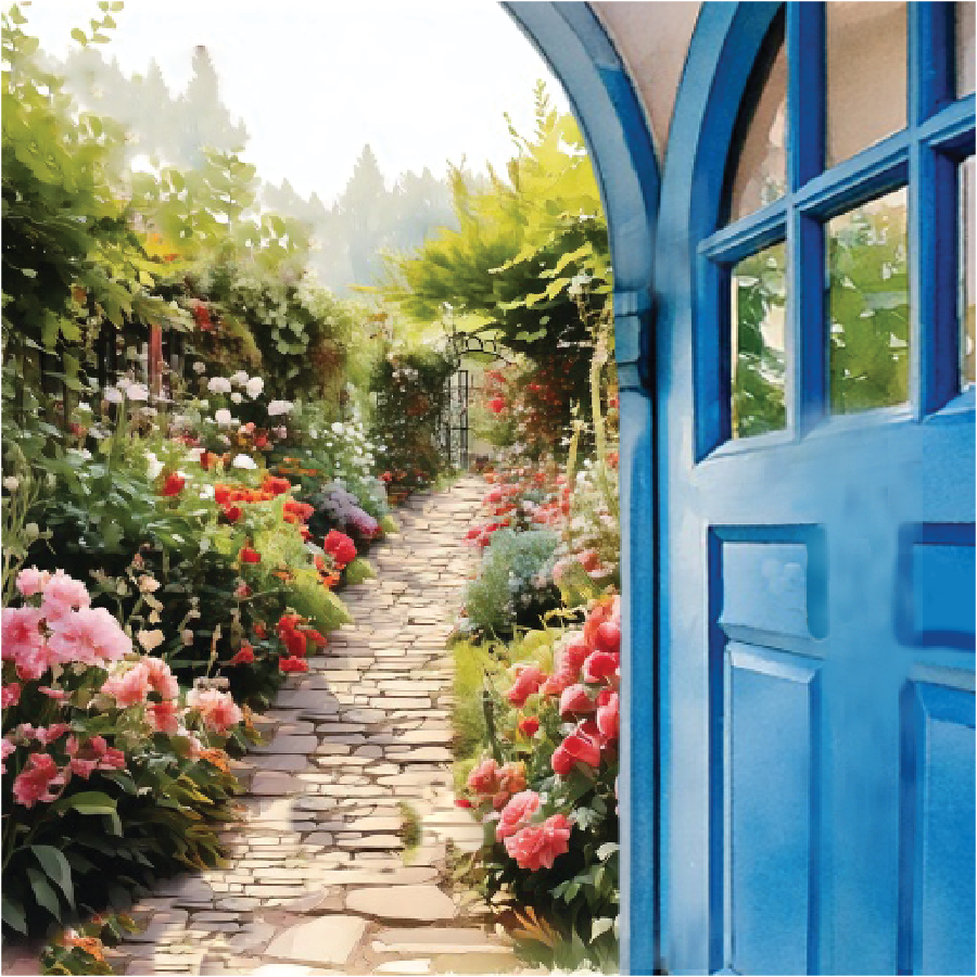Rose Cottage door surrounded by climbing roses